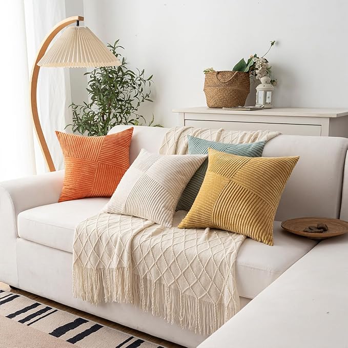 Decorative Throw Pillow Covers 20x20 Inch Set of 4 for Boho Living Room Farmhouse Home Decor, Spring Pillow Covers for Couch Bed, Soft Corduroy Striped Patchwork Cushion Cases, Warm Colors