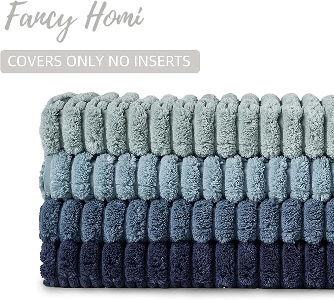 Fancy Homi Set of 4 Blue Boho Decorative Throw Pillow Covers 26x26 Inch for Couch Bed Sofa, Aesthetic Modern Bohemian Room Decor, Fuzzy Fluffy Cozy Corduroy Textured Coastal Blue Cushion Case 66x66cm