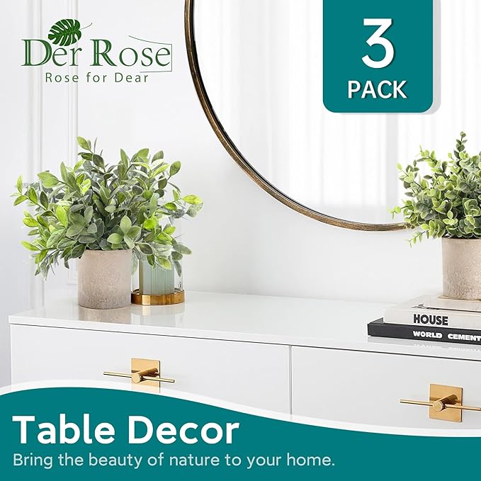 Der Rose 3 Pack Mini Potted Fake Plants Artificial Plastic Eucalyptus Plants Topiaries for Home Office Desk Farmhouse Room Bathroom Decor