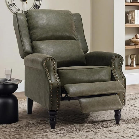 Leather Recliner Chair, Pushback Recliner Chair with Adjustable Backrest Footrest, Mid Modern Reclining Chair with Overstuffed Arms Lumbar Support for Reading, Living Room, Green