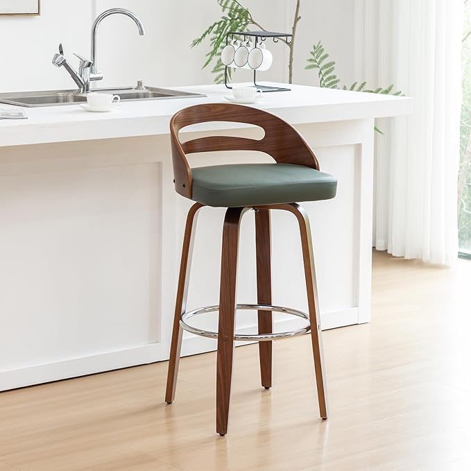 Counter Stools Set of 1, Counter Height Bar Stool with Walnut Crafts, Bentwood Curved Back, Upholstered Faux Leather, Soft Cushion Seat, Swivel Counter Chairs for Island/Pub (Green, 26" Seat Height)