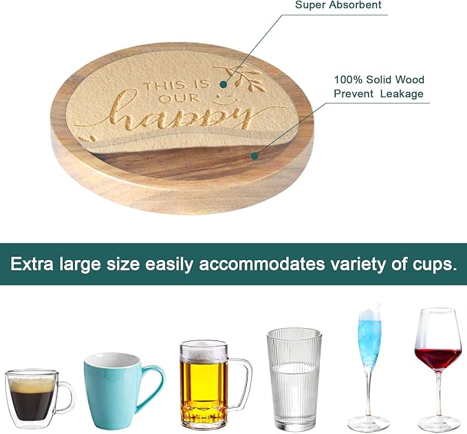 Coasters Sets of 6 Housewarming Gifts for Home Decoration Absorbent Coasters with Holder for Coffee Tabletop Protection 4.3 Inch Beige