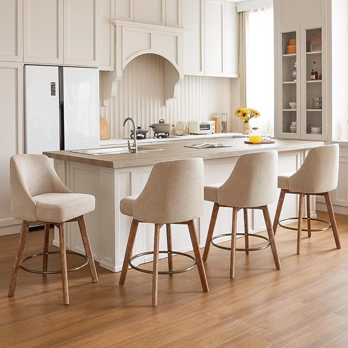 IWOOD Mid Century Modern Counter Height Bar Stools Set of 4,360° Swivel Barstools with Solid Wood Legs,26'' Island Chairs with Wrap-Around Backrest，Sand Linen Comfort Fabric