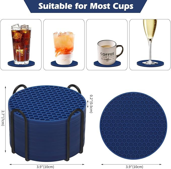 Silicone Coasters Set of 8 Holder,Coasters for Drinks,Beer,Coffee Coasters,Suitable for Kinds Cups,Hot or Cold,Anti-SLI,Non-Stick,Anti-Overflow Tabletop Protection and Decor (12 Pcs, Navy Blue)