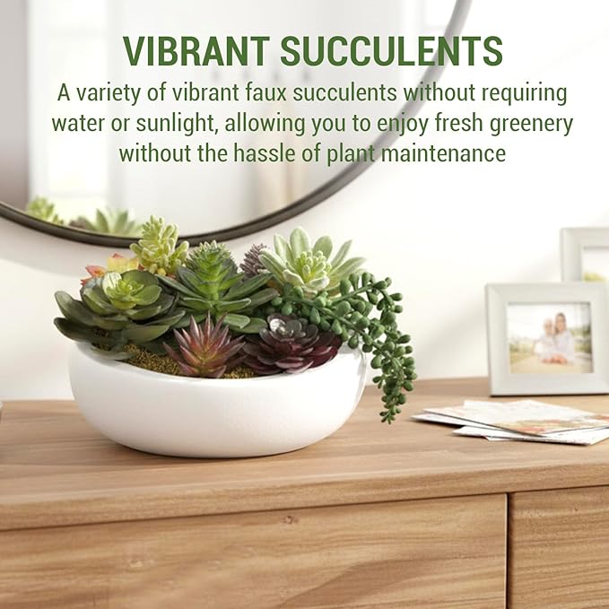 MyGift 8 Inch Round Modern Artificial Succulent Arrangement Potted in White Concrete Plant Bowl, Assorted Faux Mini Succulents in a Decorative Planter Pot