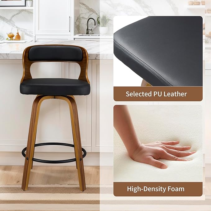 26 Inch Swivel Bar Stools, Faux Leather Mid Century Counter Height Bar Chair with Back and Arms, Modern Barstools for Home Bar, Dining Room, Kitchen Island, Black
