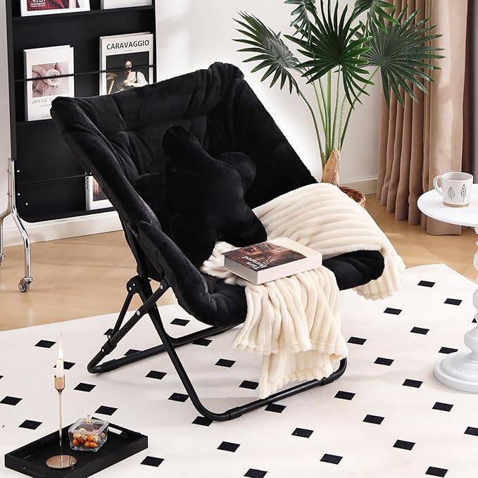 Welnow Comfy Saucer Chair, Oversized Folding Reading Chair for Adults with Throw Pillow Soft Faux Fur Lounge Chair for Bedroom Furry Accent Chair for Living Room, Dorm Rooms, Black