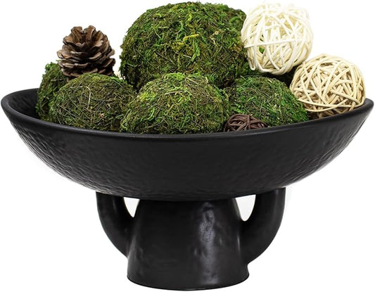 NAHARO Elegant Black Ceramic Bowl with Moss Ball Set-10 Decorative Bowl with 16pc Decorative Balls for Farmhouse Table Centerpiece, Living Room or Home Decor