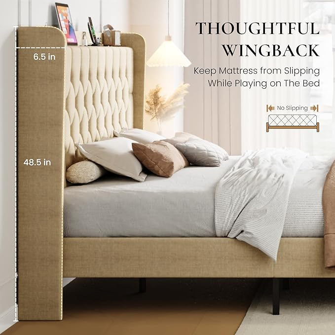SHA CERLIN King Size Platform Bed Frame with Charging Station, Velvet Wingback Headboard with Storage Shelf, Wooden Slats Support, Ample Under-Bed Space, No Box Spring Needed, Easy Assembly, Beige