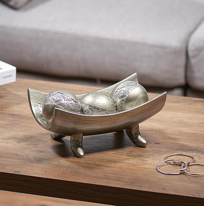 Creative Scents Dublin Silver Centerpiece Bowl With 3 Matching Orbs – Coffee Table Decor with Sphere Balls for Living Room Dining Room Table - Decorations for Home Decor - Mantle House Decor