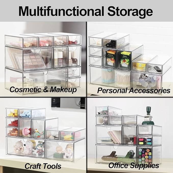 Acrylic Makeup Organizer, 10 Drawers Clear Storage Organizer Desktop Stackable Storage Drawers, Plastic Organizer Bins for Makeup, Stationery, Cosmetics, Vanity, Bathroom,Cabinet,Pantry Office Desk