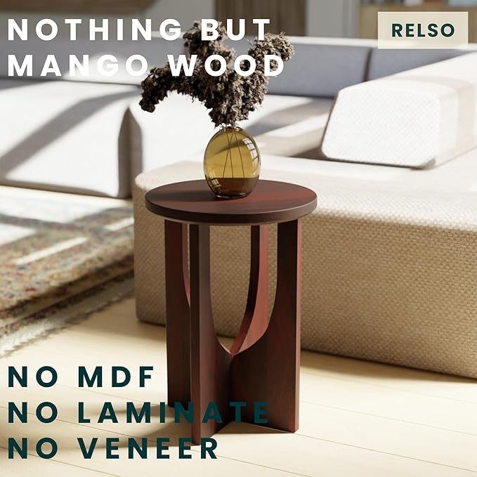 Relso Stupa Solid Wood End Table – 22" Tall Round Side Table for Living Room or Bedroom, Handcrafted Accent Table in Walnut Finish, Easy Assembly, Modern Minimalist Design for Small Spaces