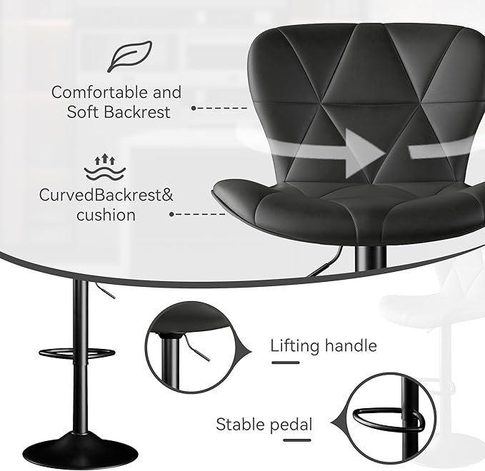 Bar Stools Set of 3,Adjustable Swivel Barstools, Faux Leather Bar Chairs,Upholstered Counter Height with High Backrest for Kitchen Island, Black