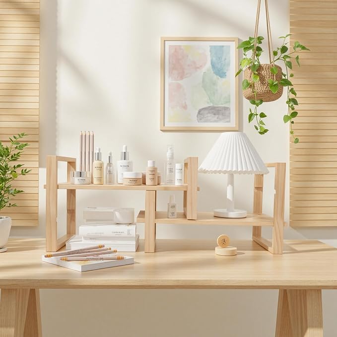 Adjustable Desktop Bookshelf,Bookshelf No Assembly Required, DIY Multi-Combination Shelves Organizer for Home Office Supplies,and Dresser, True Natural Pine Wood, White