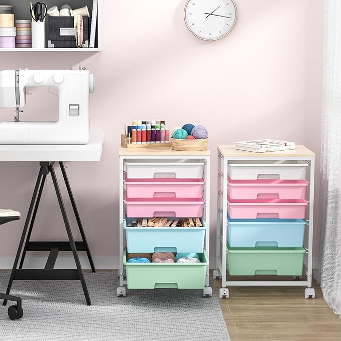Utility Cart with 5 Drawers,Storage Drawer Cart with Wooden Tabletop and Lockable Wheels,Craft Storage Trolley Cart,5-Tier Rolling Utility Cart on Wheels,Rainbow