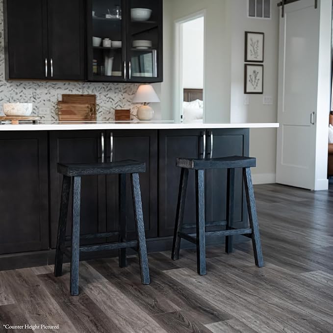 Maven Lane Kitchen Bar Stool, Modern Farmhouse Wood Barstool, Kitchen Island Chairs, Pub Bar Height Stools for Kitchen, Wide Comfortable Seat Backless Bar Stools, Vincent 31 Inch, Antiqued Black