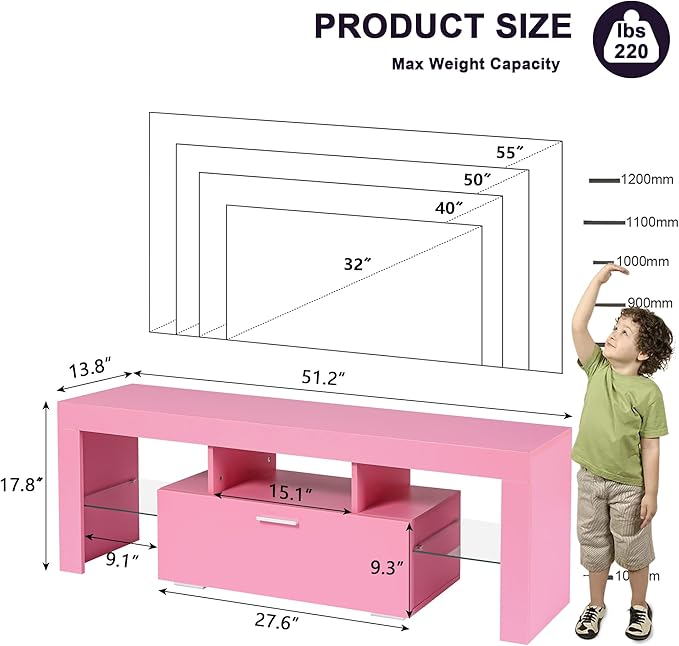 Clikuutory Modern Lighting 51 inch TV Stand with Large Storage Drawer for 32 40 50 55 Inch TVs, TV Console with 20 Color LED Lights, Entertainment Center Media and Open Shelf for Bedroom, Pink