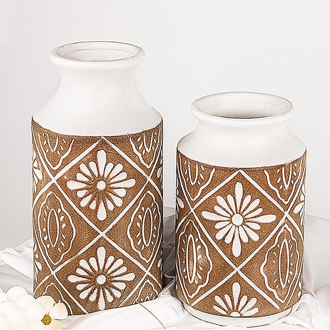 Rustic Ceramic Vase Set of 2 for Living Room Bedroom 11.02'' and 9.05'' Large Unique Flower Vases for Home Decor Office Centerpieces Fireplace Vintage Antique Farmhouse Modern Gift for Plant