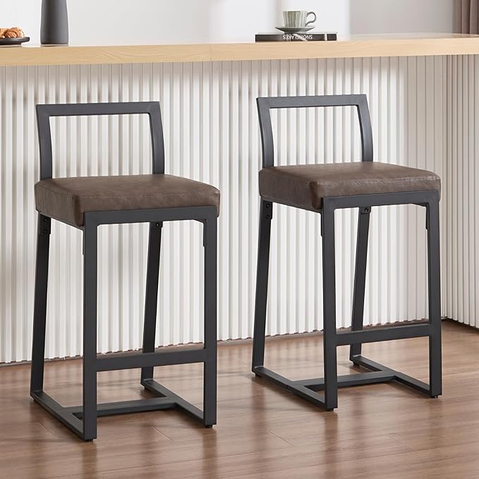 26’’ Modern Bar Stools Set of 6, Upholstered PU Leather Bar Chairs with Backrest Armless Counter Height Stools with Metal Frame for Kitchen Island Dining Room, Grayish Brown