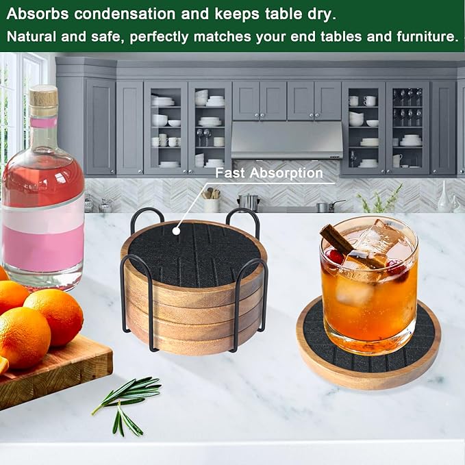 Wood Coasters with Felt Pads, Non-Slip, Non-Stick - 5 Pack Absorbent Coasters for Coffee Table with Holder, Suit for Kinds of Cups 4.3 inch (Black Series)