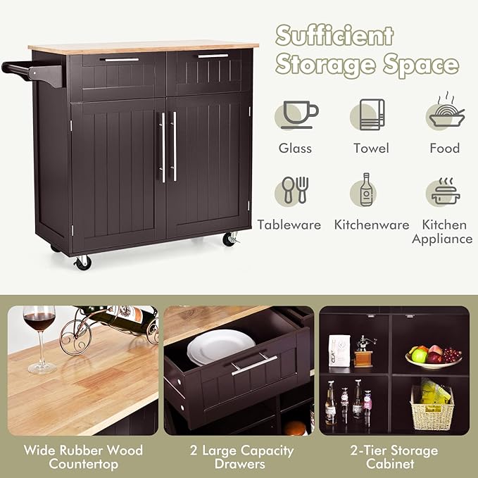 COSTWAY Kitchen Island on Wheels, Kitchen Cart with Side Towel Bar, 2 Drawers, 2 Door Cabinet, Rolling Storage Trolley Cart with Rubber Wood Top & Lockable Casters (Brown)