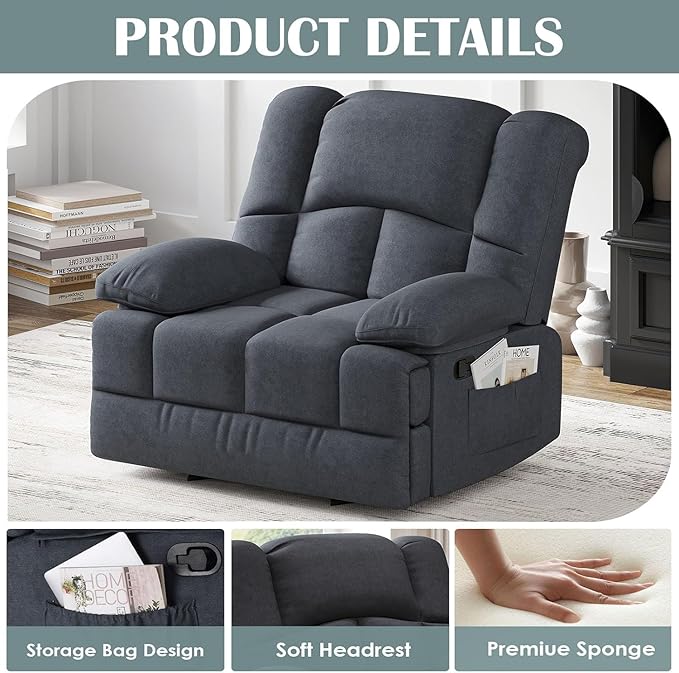 Oversized Rocker Recliner Chair, Wide Rocker Chair with Adjustable Backrest Footrest, Oversized Recliner for Adults, Reclining Sofa for Living Room, Solid Back