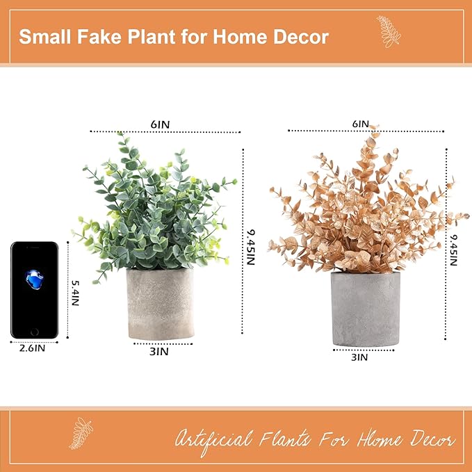 2 Pack Gold Eucalyptus Small Fake Plants Potted Artificial Plants for Christmas Decorations Shelf Desk Home Farmhouse Room Coffee Table Bathroom Decor