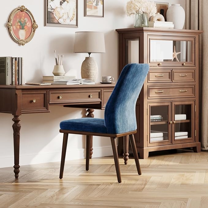 Modern Dining Chairs Set of 4, Upholstered Kitchen Chairs with High Back, Padded Fabric Dining Room Chair with Solid Wood Legs for Restaurant/Cafe/Home, Blue