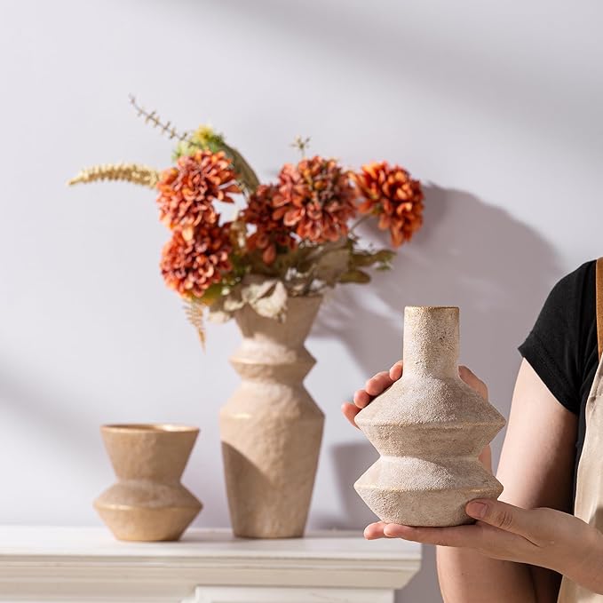 Ceramic Vase Home Table Decor - Gold Flower Vase Set of 3 Living Room Kitchen Decorations Farmhouse Modern Rustic Vases Decorative Centerpiece for Shelf Bedroom Office Bathroom Dining Coffee Desk