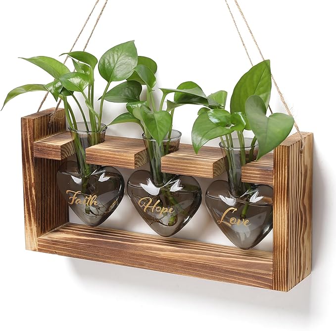 Plant Terrarium Propagation Stations Faith Hope Love Hydroponics Home Garden Decoration Gift for Women with Wooden Stand Heart Shaped Colored Glass Vase
