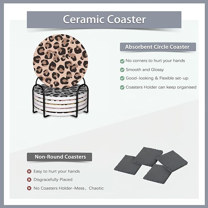 Drink Coasters Set of 6 with Holder,Leopard Print Brown Grey Gold Pink Absorbent Ceramic Coasters with Cork Base,Fit All Cups,Tabletop Protection Mat for Mugs and Cups,Office,Kitchen