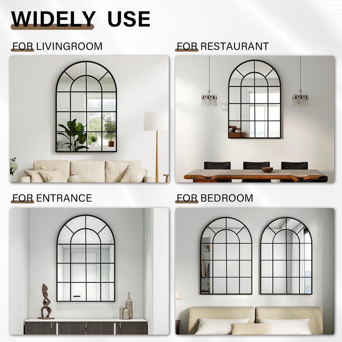 24"×36" Windowpane Arched Wall Mirror, Grid-Designed Decorative Farmehouse Wall Mounted Mirror with Metal Frame Hanging Leaning for Entryway, Living Room, Home Decor, Black