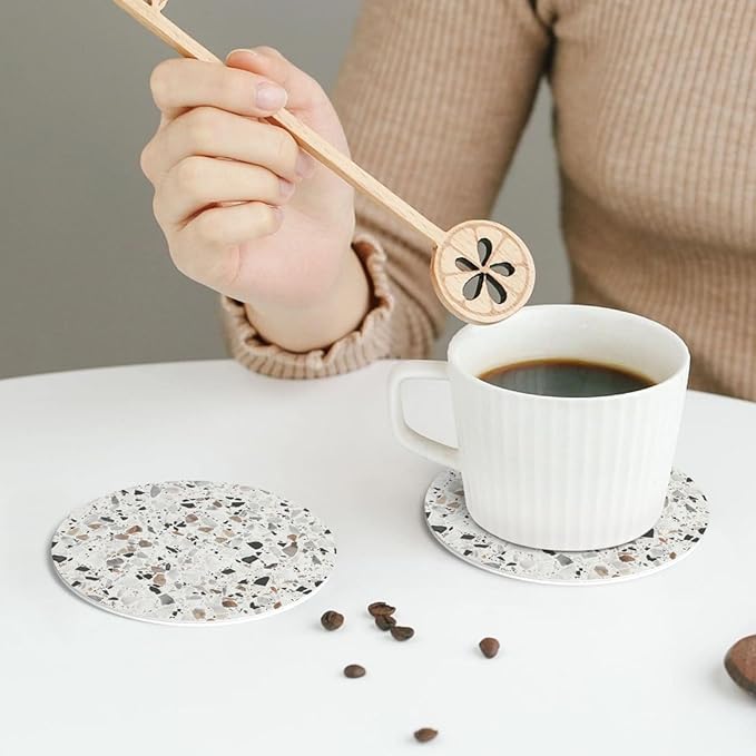 Terrazzo Coasters Set of 6 Coasters for Drinks Absorbent Double-Sided Leather PVC Coaster for Tabletop Protection Coffee Table Decor Ideal for Home Decor House Warming Gifts