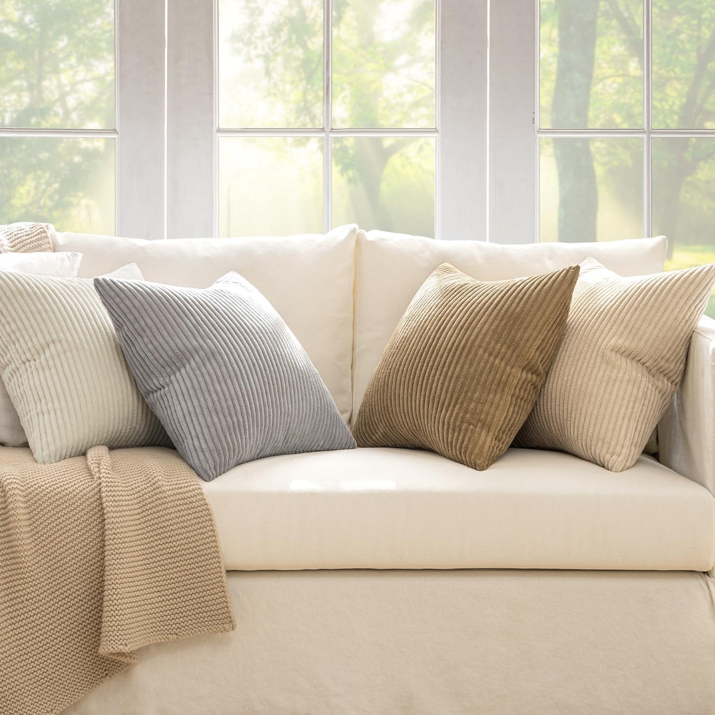 MIULEE Boho Farmhouse Throw Pillow Covers 18x18 Inch Set of 4 Neutral Rustic Decorative Cushion Covers Soft Corduroy Nordic Home Decor for Couch Bed Sofa Living Room