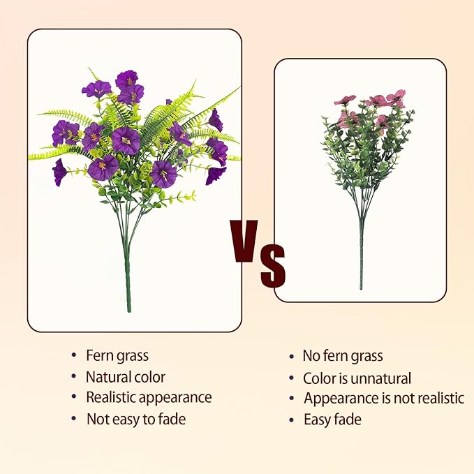 Artificial Flowers Outdoors 12 Bundles Artificial Petunias Fake Flowers UV Resistant Shrubs Plants with Fern for Indoor Outside Hanging Planters Home Garden Summer Decorations