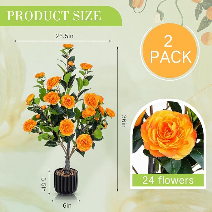 Jexine 2 Pack 36" Artificial Tree with Camellia, Fake Tree with 24 Blooming Flowers, Flower Plants Tree Faux Floral Plant Tree in Cement Pot for Indoor Outdoor Office Home Porch Decor (Orange, 36")