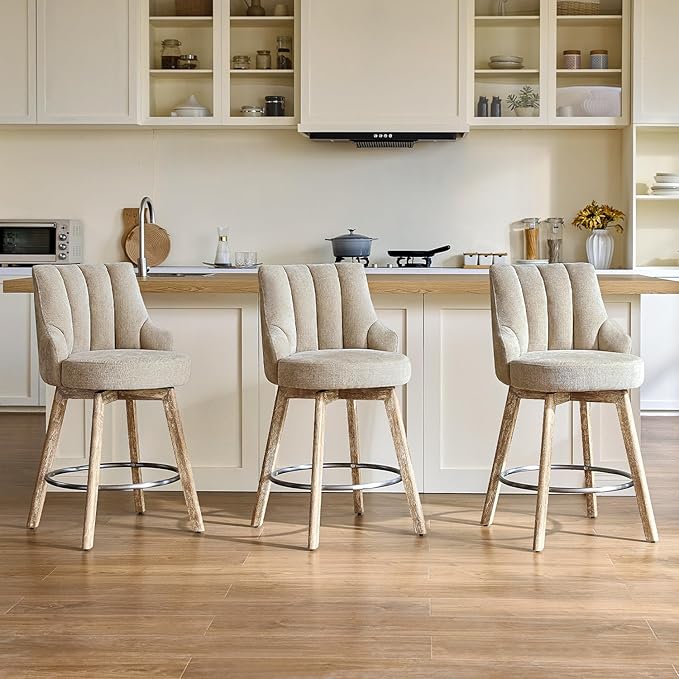 IWOOD Counter Height Bar Stools,Swivel Bar Stools with Backs,Barstools Set of 3,26'' Solid Wood Legs,Thick Seat Upholstered Linen Fabric Counter Height Stools in Sand