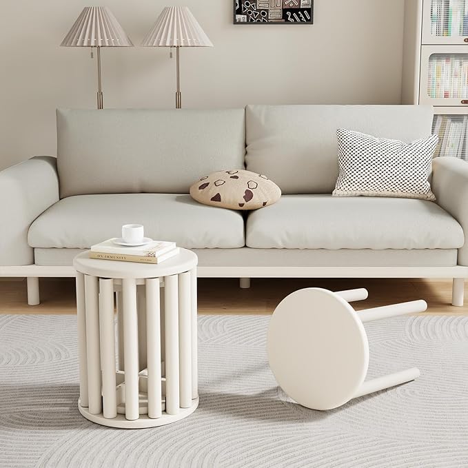 Stackable Wood Round Stools Set of 4, 18 Inch Top Side Tables Sturdy and Durable, No Installation Required for Nesting End Table, Barstool, White