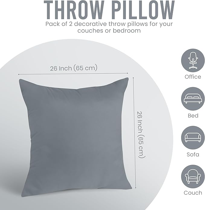 Utopia Bedding Throw Pillows Insert (Pack of 2, Grey) - 26 x 26 Inches Bed and Couch Pillows - Indoor Decorative Pillow