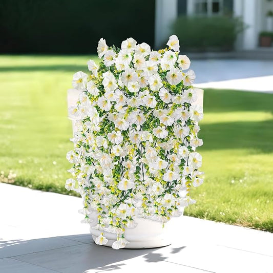 Artificial Flowers for Outdoors Decoration, 4Pcs Fake Hanging Flowers Morning Glory UV & Fading Resistant, Artificial Faux Plants Deocr for Home Porch Patio Balcony Planter Yard Garden Farmhouse