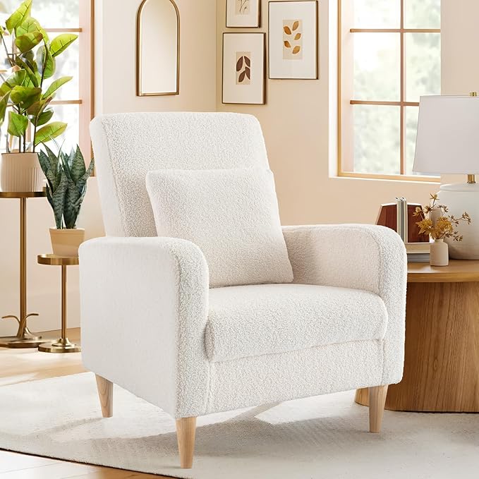 COLAMY Sherpa Upholstered Accent Chair Armchair with Pillow, Fabric Reading Living Room Side Chair,Single Sofa with Lounge Seat and Wood Legs, Cream