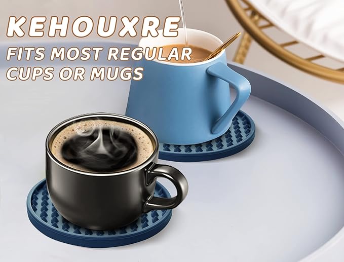 Coasters for Drinks 6 Pack Drink Coasters with Holder,Heat Resistant Silicone Cup Mat Tabletop Protection,Non-Slip Rubber Coaster for Kinds of Cups (Blue)