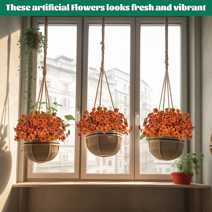 Lnoicy 12 Pcs Artificial Flowers for Outdoor,Plastic Flowers Decoration, UV Resistant Faux Flowers Shrubs, Artificial Plants for Indoor Outside Garden Home Wedding Farmhouse(Orange)