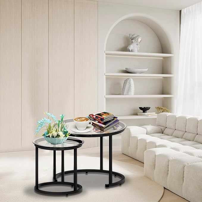 aboxoo Black Nesting Coffee Glass Table Set of 2, Metal Freme Side End Tables for Living Room Bedroom for Apartment Small Place Modern Industrial Simple, 23.6D x 23.6W x 17.7H in