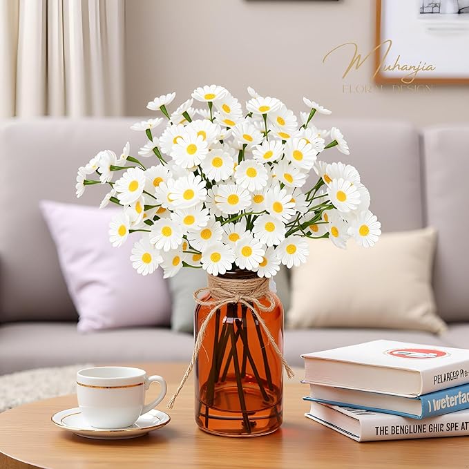 Artificial Daisy Flowers in Amber Glass Vase with Faux Water,9Pcs White Artificial Silk Flowers with Stems for Centerpiece (Daisy)