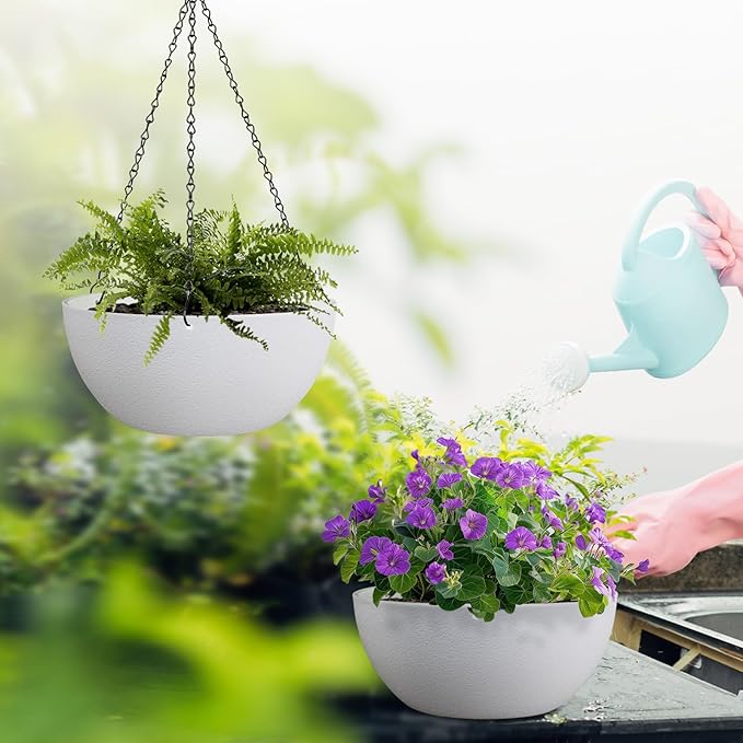 13 inch Large Hanging Planters Plant Pots for Outdoor Indoor Plants with Drainage Holes and Chain, 2 Pack Round Hanging Flower Pots for Garden Home Porch Decor, White