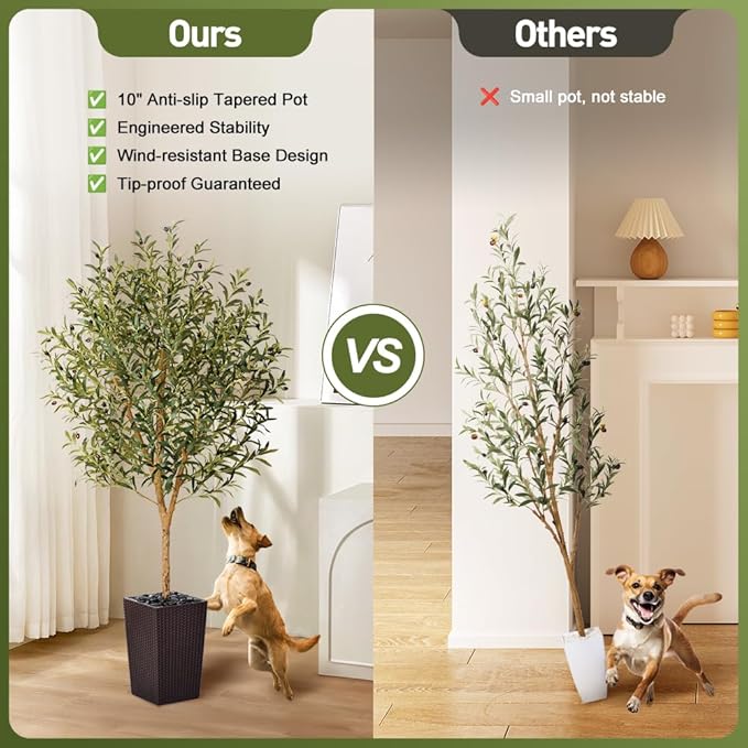 Artificial Olive Tree 6FT, Faux Olive Trees with Real Wood Trunk, UV Resistant Fake Plants in Planter & River Rocks, Indoor Tall Silk Plant for Home Living Room Office Outdoor Decor, VN133