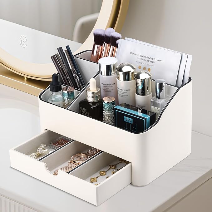 KINGFOM Desk Organizer with Drawer, Multifunction Pencil Holder for Desk, Desk Organizer and Accessories 5 Comparetments for Home Office Supplies (Ivory White)
