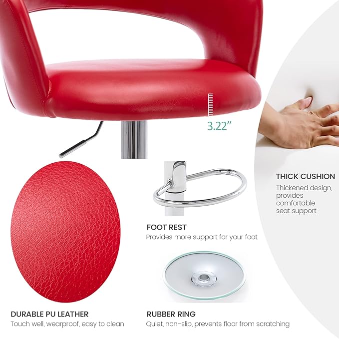 Brage Living Wide Bar Stool, Modern PU Leather Swivel Adjustable Barstool with Hollow Back and Arms, Upholstered Airlift Counter Height Bar Chair for Kitchen Dining (Red)