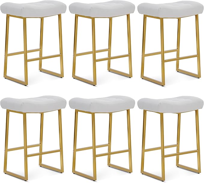 White & Gold Counter Height Bar Stools Set of 6 for Kitchen Counter Modern Backless Barstools with Upholstered Faux Leather Seat and Metal Frame Industrial 24 inch Bar Chairs